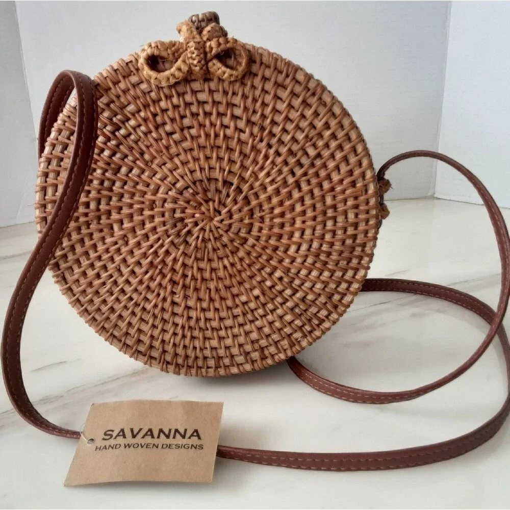 SAVANNAH Natural Fiber Rattan Round Woven Caramel Crossbody Bag NWT